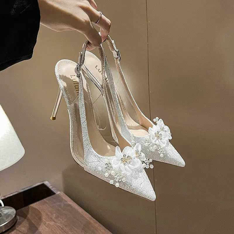 French Bride Gold Wedding Shoes Thin Heel Pointed Shallow Mouth Flower Rhinodrill High H Bao Fi Wen Sandals Z241227