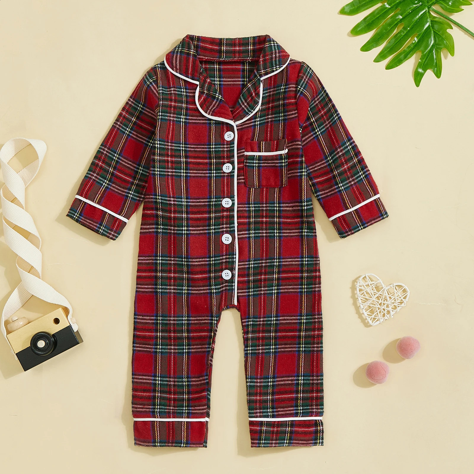 MISOWMNJOY Baby Girls Boys Romper Pajamas for Christmas Plaid Turn Down Collar Long Sleeve Spring Infant Jumpsuits Sleepwear 241226