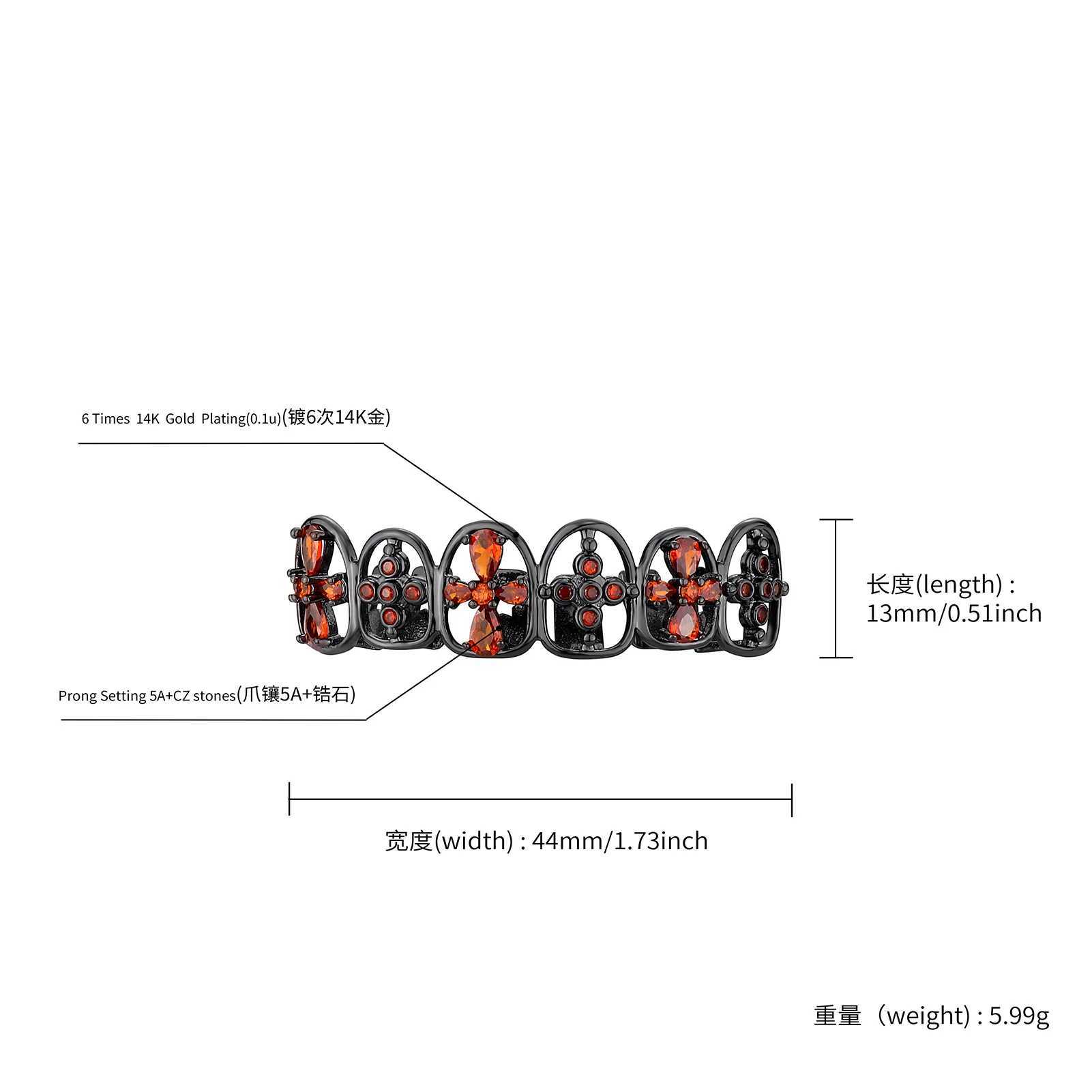 TOPGRILLZ Gothic Cross Flower Red Zircon Teeth Grillz Black Color CZ Stone Tooth Cs For Women Men Christmas Jewelry Gift W241227