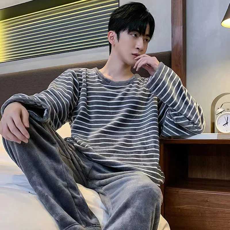 Fall and Winter New Mens Warm Pajamas Homewear Suit Teen Facecloth Simple Leisure Mens Home Pajamas Warm Homewear SuitXJ241227