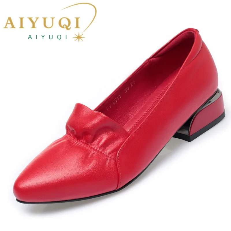 AIYUQI Women's Shoes Big Sizes Genuine Leather Slip-on Women's Banquet Shoes Fashion Red Pointed Shoes Women