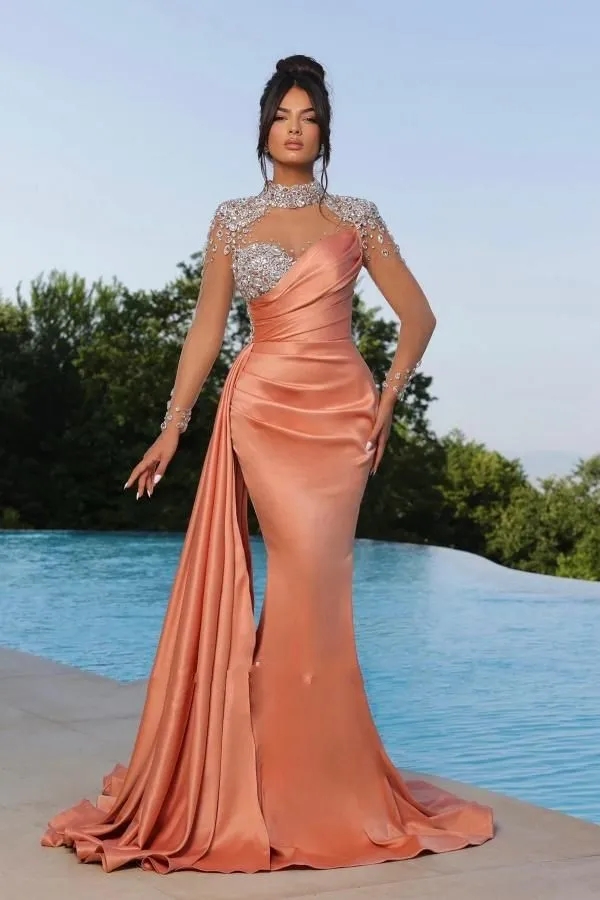 Orange Pink Elegant Mermaid Evening Sheer Beads Appliques High Neck Satin Pleats Ruffles Formal Prom Dresses With Long Sleeves