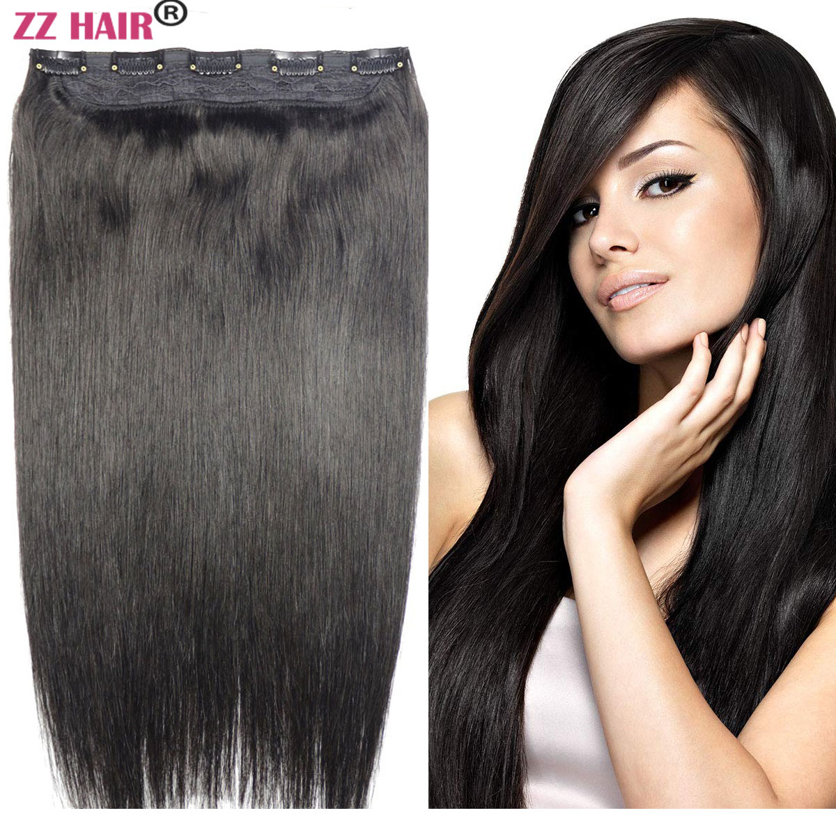 100% Brazilian Remy Human hair Extension 16-28 inches 1pcs set with 5clips in 80g-200 Clips in/on Natural Straight