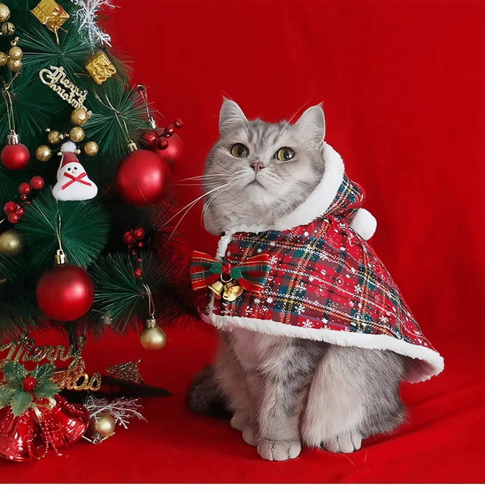 Christmas Cat Hoodie Warm Cloak Outfit for Small Dogs Cats CostumeCoat Clothes Pet Santa Cosplay Costume Dog Soft Plush clothes 241225
