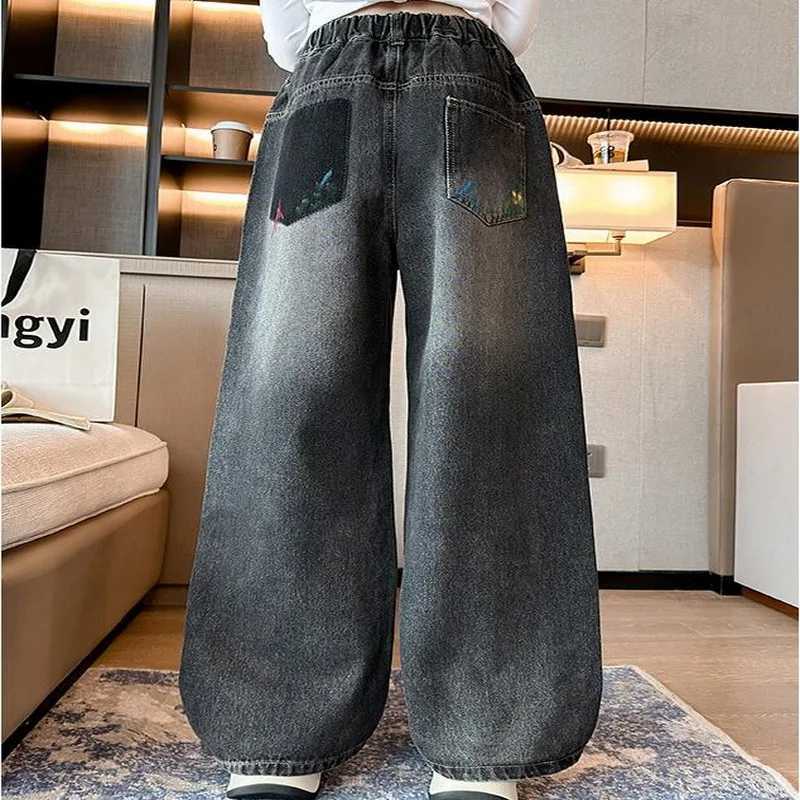 New Fashion Teenager Girls Denim Wide Leg Pants Children Trousers Spring Autumn Retro Design Girls Jeans 5-14 Years Kids Clothes W241227