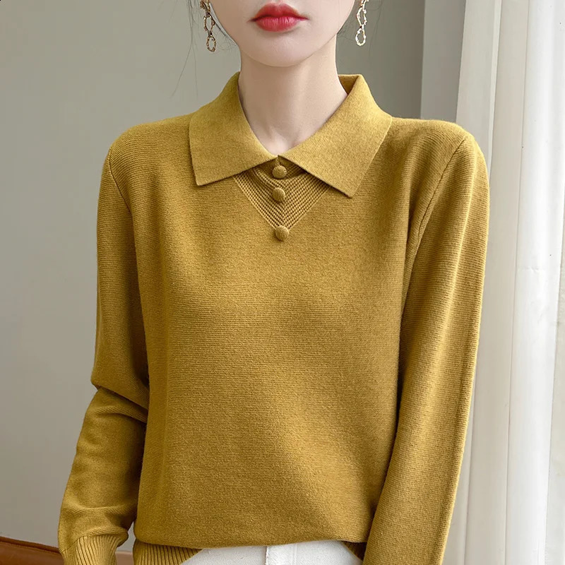 2024 AutumnWinter Flip collar Cashmere Sweater Women Knitted Loose Fashion Long Sleeve 241223