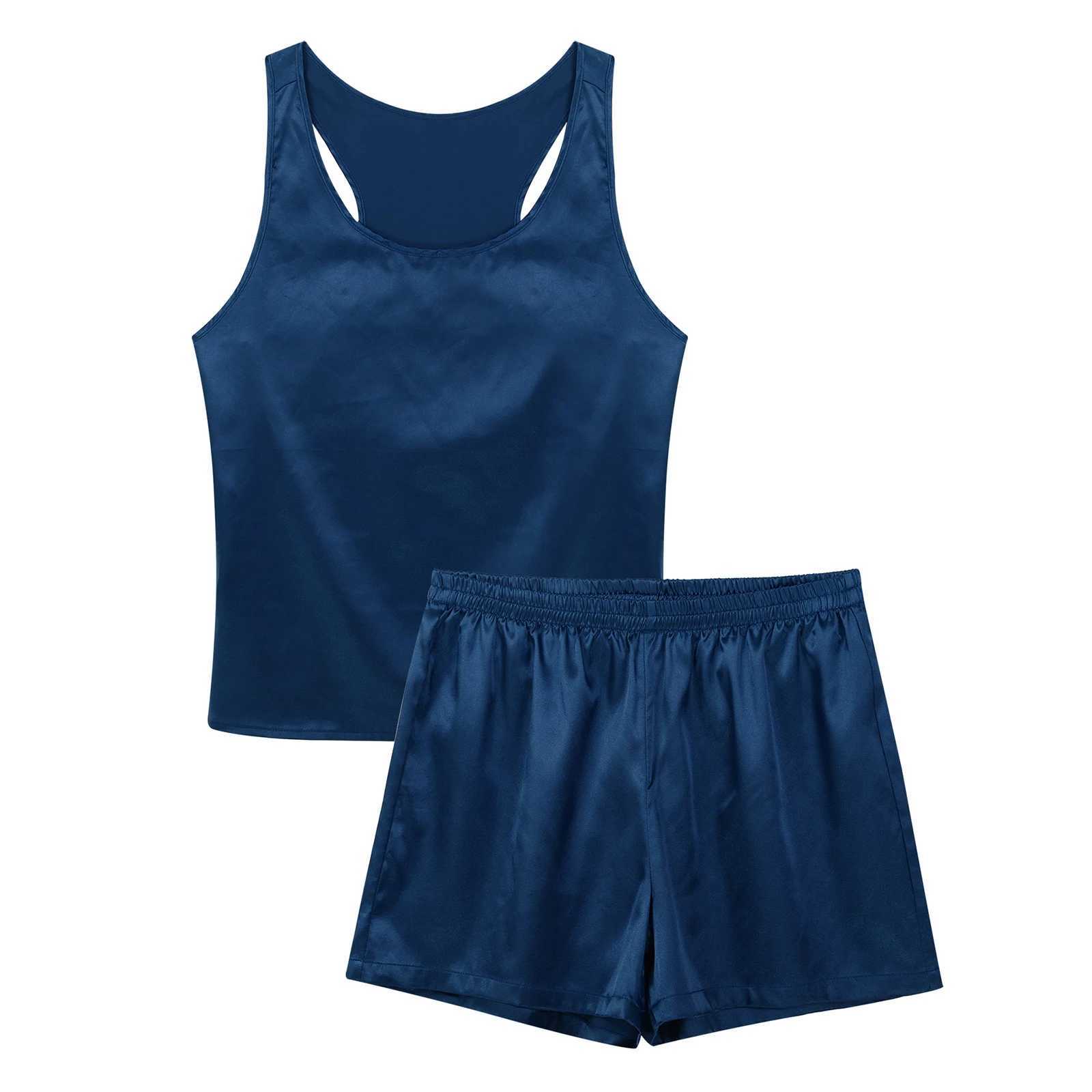 Men Satin Pajamas Set Sleeveless Tank Top Sleep Shorts Bottoms Summer Casual Sport Loungewear Sleepwear Nightwear Home ClothesXJ241227