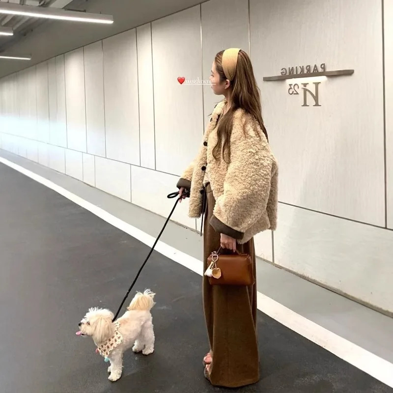 French Style Warm Lamb Wool Coat Winter Clothes Korean Chic Round Neck Casual Solid Color Fur Jacket Women Tops 241223