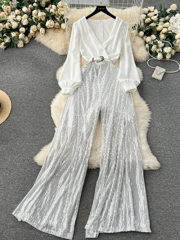 EWQ elegant style chic jumpsuit women fake two piece patchwork sequins with belt high waist jumpsuits winter spring 241224
