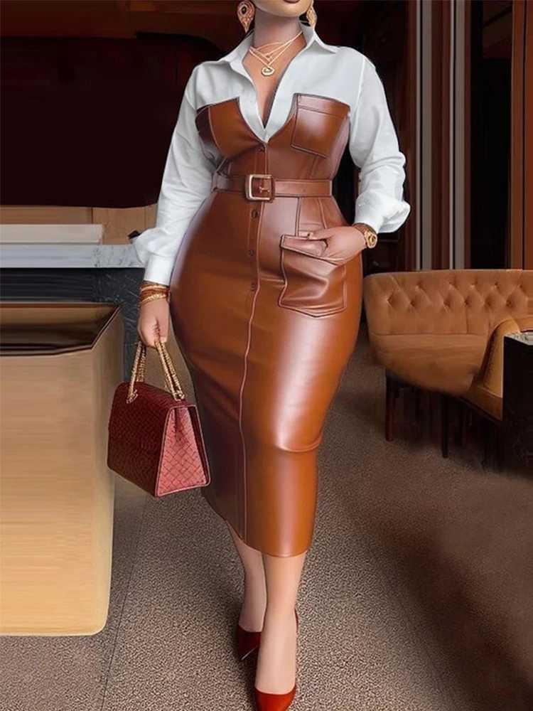 Gymstars Womens Shirt Collar Dress New Autumn Button Length Slip PU Leather Patch Work Pocket Tight Strap Collar Womens Midi X2412261