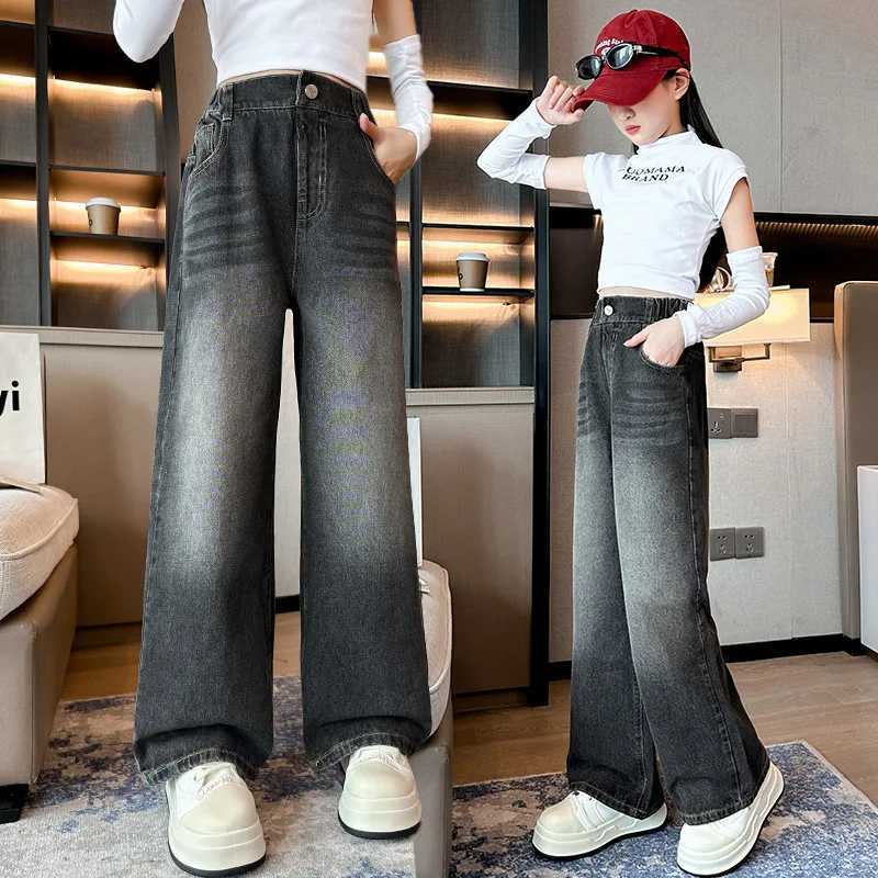 New Fashion Teenager Girls Denim Wide Leg Pants Children Trousers Spring Autumn Retro Design Girls Jeans 5-14 Years Kids Clothes W241227