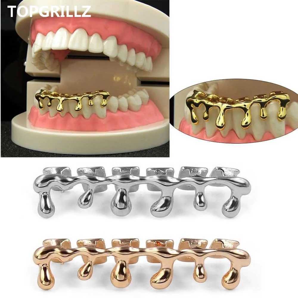 TOPGRILLZ Fit Light Yellow Gold Rose Plated Hip Hop Tooth Drop Grill CS Bottom Grill Silver Grill W241227