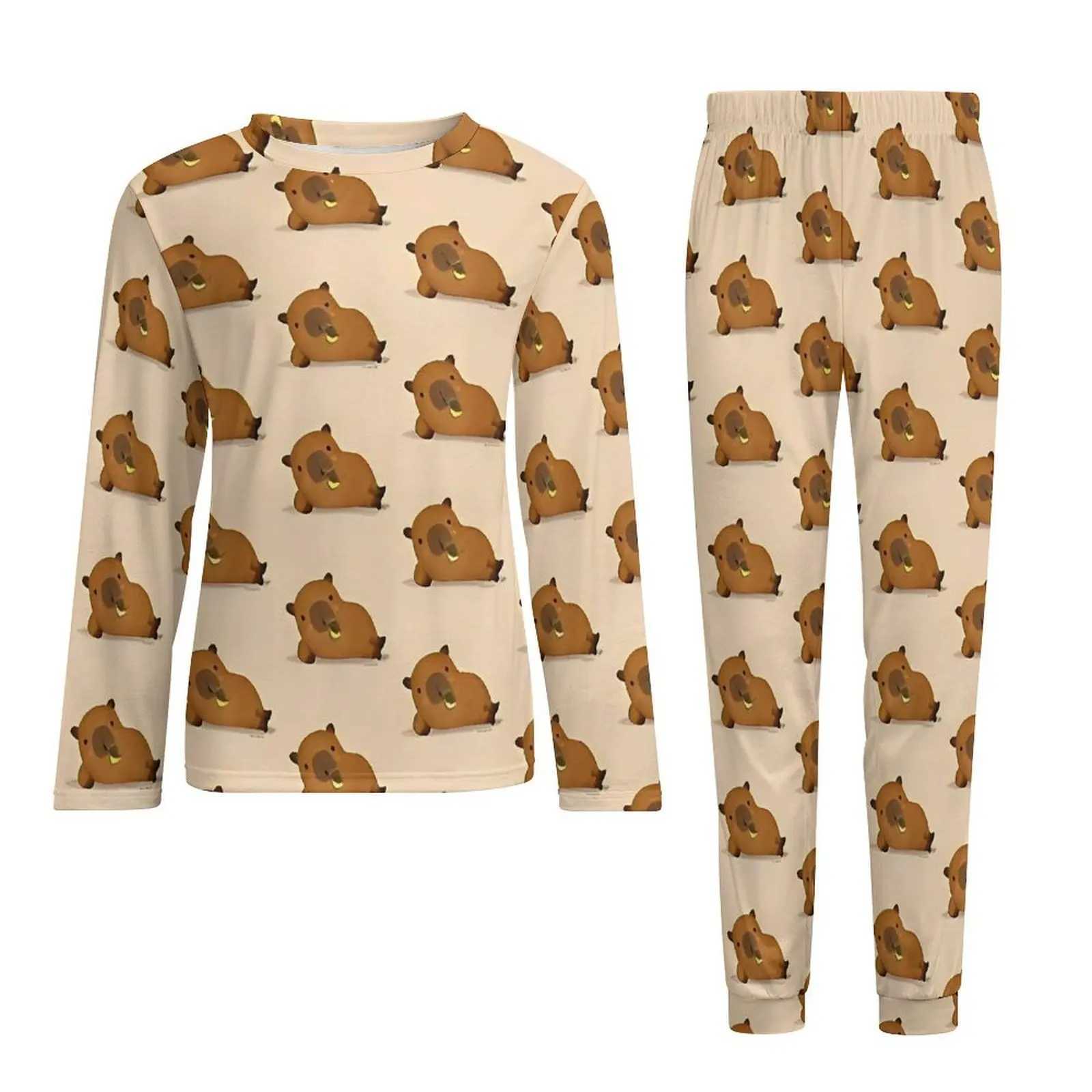 Capybara Drinking Juice Pajamas Spring 2 Piece Cute Animal Cool Pajama Sets Man Long-Sleeve Aesthetic Custom Nightwear 4XL 5XLXJ241227