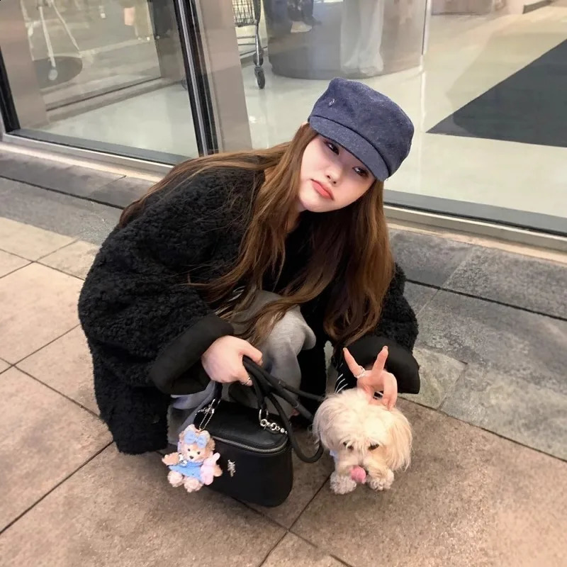 French Style Warm Lamb Wool Coat Winter Clothes Korean Chic Round Neck Casual Solid Color Fur Jacket Women Tops 241223