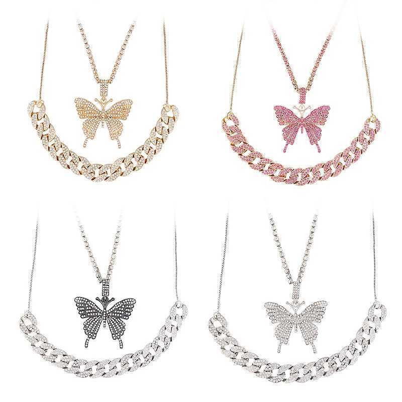 New Tren Big Butterfly Pendant Necklace Rhinestone Hip Hop Necklace For Women Bling Cuban Link Chain Choker Jewelry GiftsXJ241227