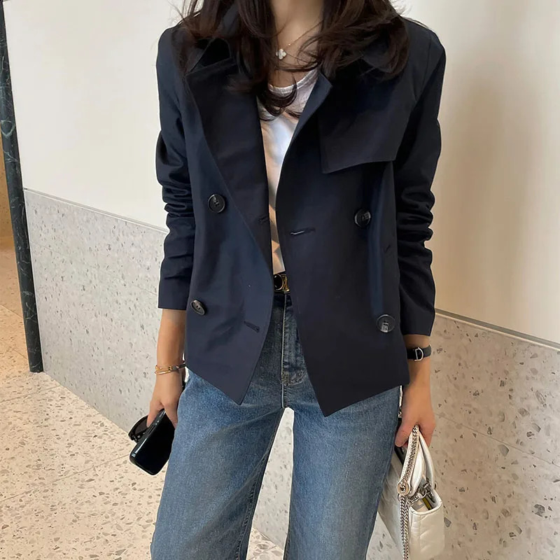 Lucyever Vintage Simple Short Trench Coat Women Fashion Streetwear Double-Breasted Jackets Woman Solid Loose All-Match Outerwear 241226