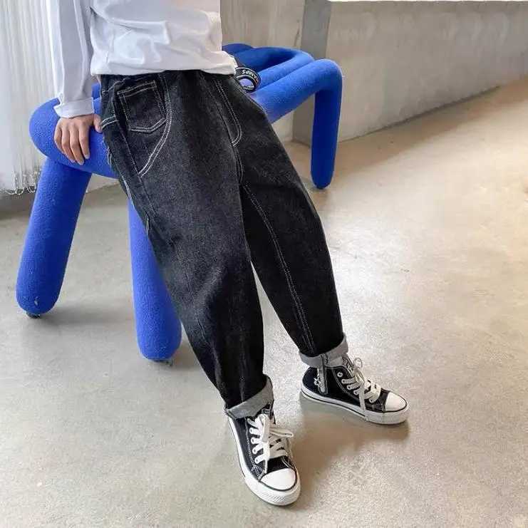 Ins Spring Autumn 3-12Y Childrens Denim Pants Cotton Elastic Waist Baby Boy Jeans Loose Casual Teen Boys Trousers W241227