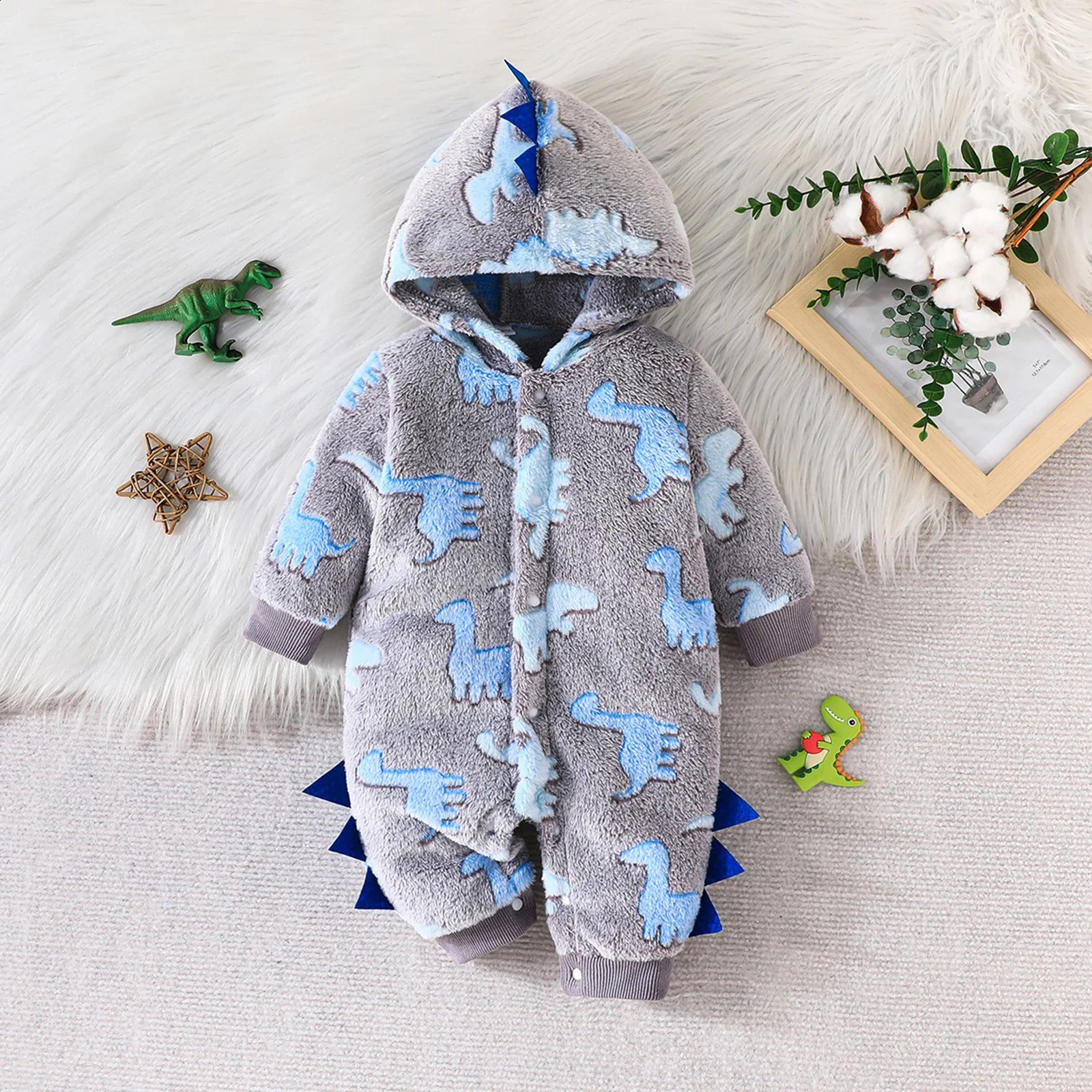 Infant Baby Boy Plush Front Button Romper Dinosaur Pattern Hooded Snap Closure Overall Winter Long Sleeve Jumpsuits 241226