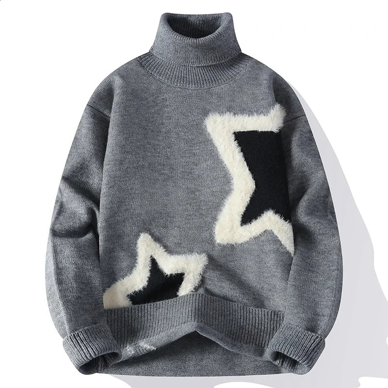 Winter Fashion Color Matching Sweater for Men Harajuku Turtleneck Trend Star Printing Soft Warm Knitwear 241224