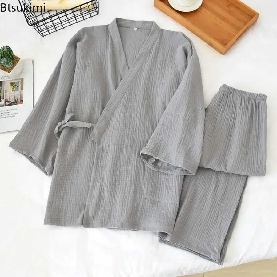 2025 Japanese Kimono Mens Solid Pajamas Two-pieces Simple Cotton Crepe Cloth Plus Size Lace-up Tops Trousers Home Service SetsXJ241227