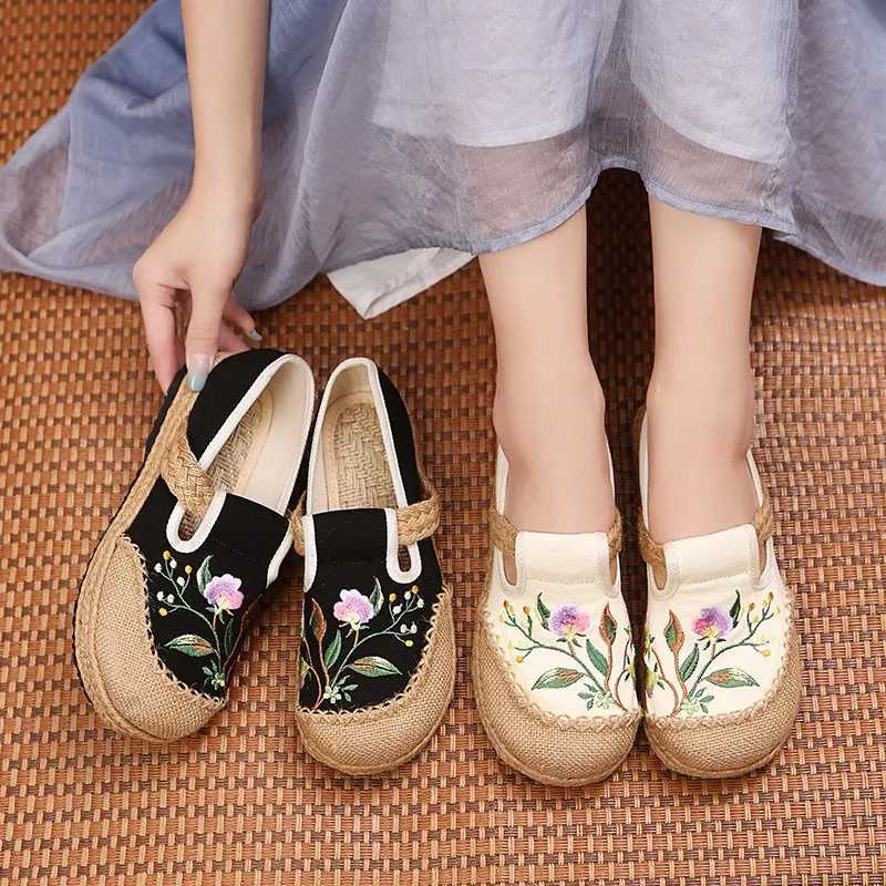 High Quality Womens Linen Canvas Shoes Retro Bohemian Slip-On Flat Comfortable Loafers Ladies Casual Embroidered Hemp Sole Sneakers T241227