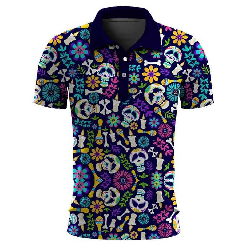 Funny Skull 3D Print Short Sleeve Polo Shirts For Men Clothes Casual Mexico Lucky Skeleton Graphic Lapel POLO Shirt Button Tops W241227