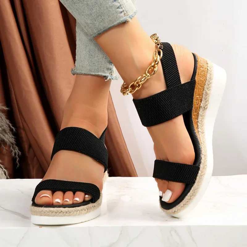 High Quality Womens Shoes Hot Sale Elastic Band Womens Sandals Summer Open Toe Solid Color Wedge Beach Shoes Ladies Platform Sandals T241227