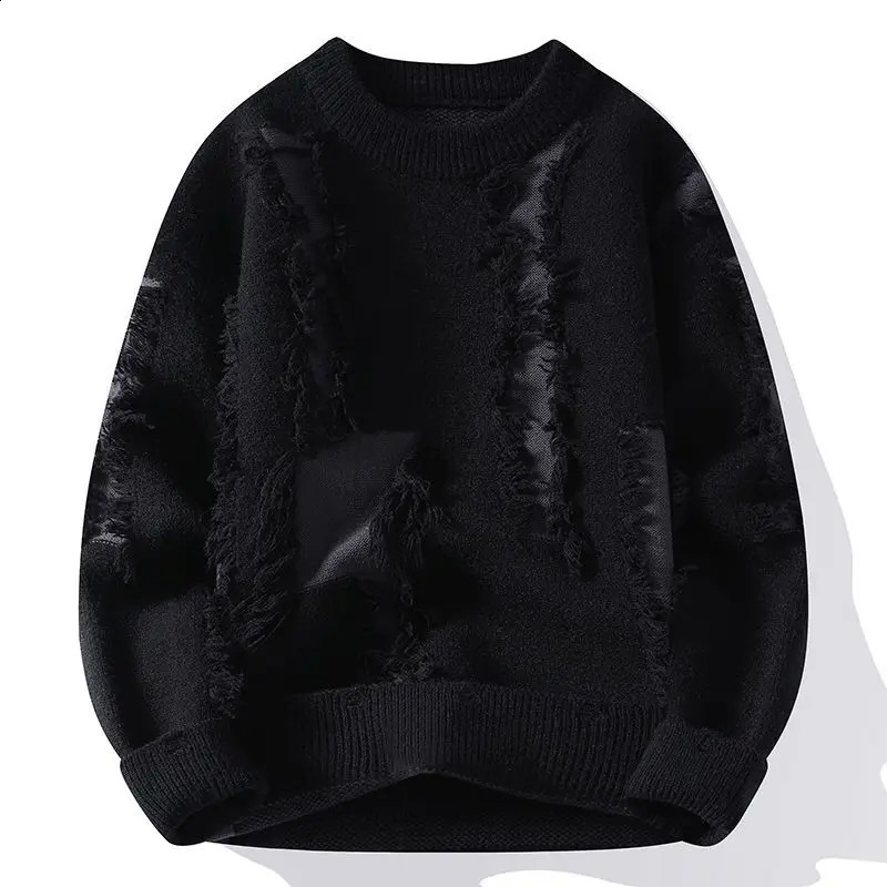 Y2K Color Matching Personality Hole Sweater Men Thick Autumn and Winter Sweater Loose Warm Coat for Students and 241224