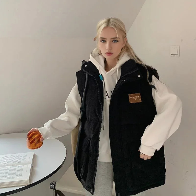 2024 Winter Women Corduroy Cotton Vest Labeling Elegant Fashion Simplicity Thicken Coat Office Lady Cardigan Sleeveless Jacket 241220