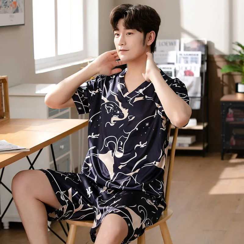Silk Pajama Sets Men Two Pieces Sleepwear Short Sleeve Top Shorts Summer Loungewear Print High Quality Nightwear Thin PajamasXJ241227