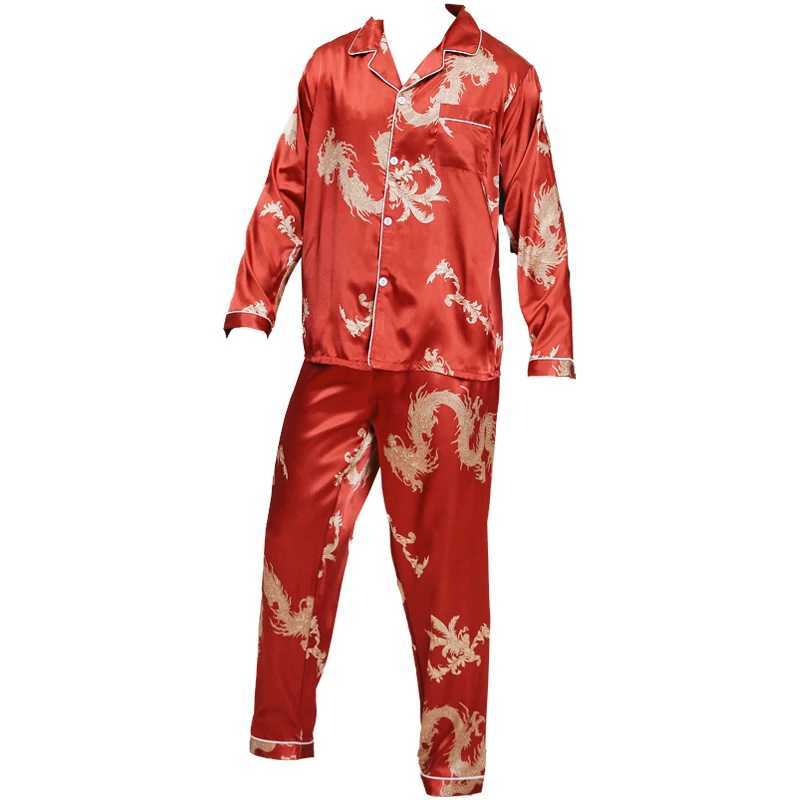 Ice silk pajamas for mens spring and autumn 2024 new long sleeved Chinese dragon red zodiac year summer Large size sleepwearsXJ241227