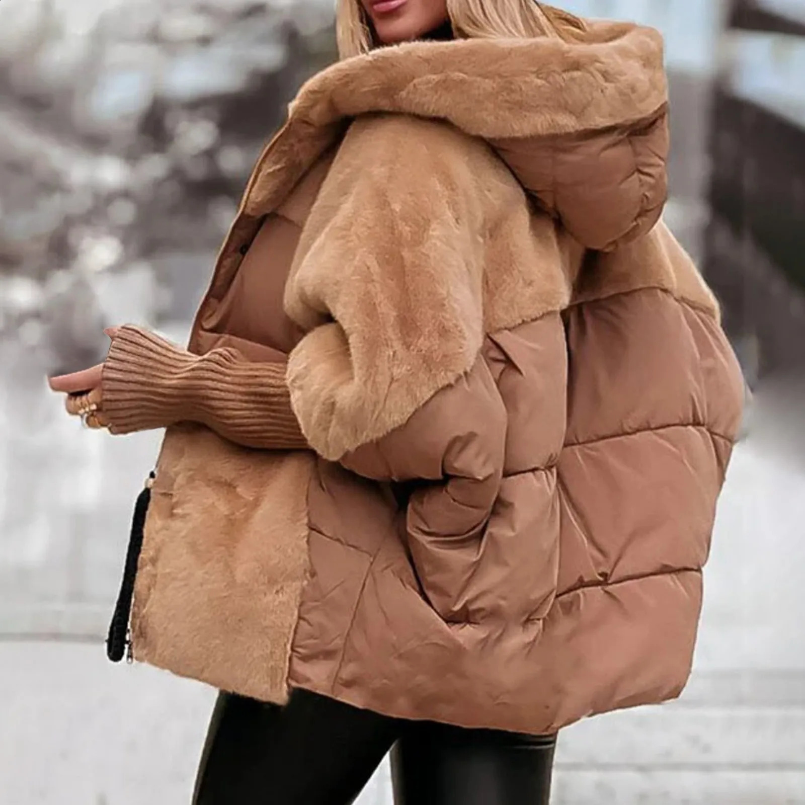 Womens Loose Cotton Coat Faux Fur Patchwork Winter Comfort Chic Long Sleeve Hooded Jacket Female Outwear Overcoat 241223