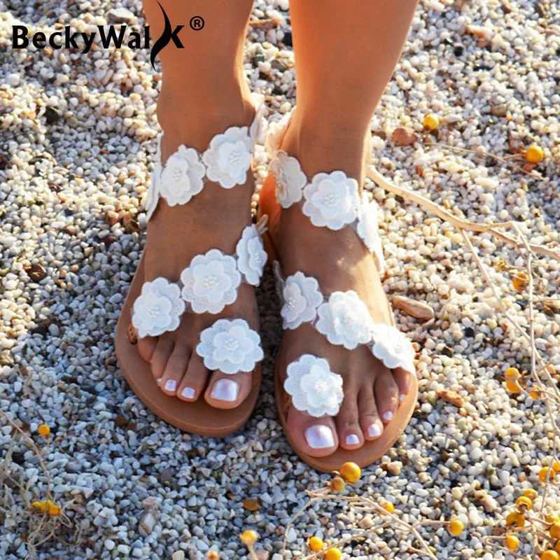 High Quality New Summer Ladies Shoes Women Sandals White Flowers Flat Sandals Women Bohemian Casual Beach Shoes for Woman 42 43 WSH3390 T241227