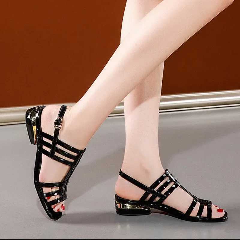 High Quality Comemore Low Heel Sandals Women Patent Leather Hollow Out Summer Womens Shoes New Soft Sole Fashion Ladies Roman Sandals 40 T241227