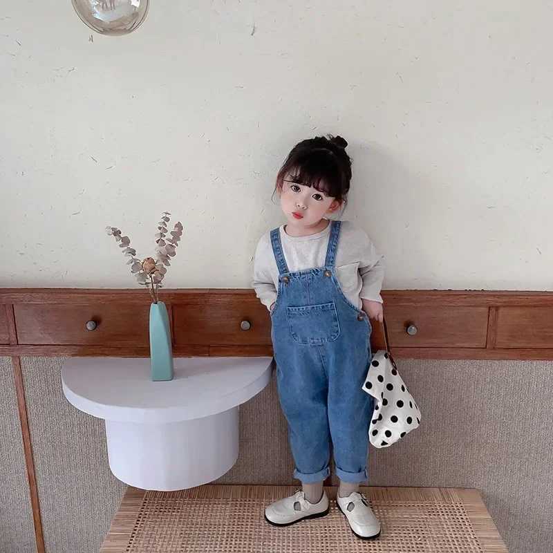 Fall Spring denim baby girl boy wearing solid jeans jumpsuit pocket childrens casual loose jumpsuit blue childrens jacket W241227