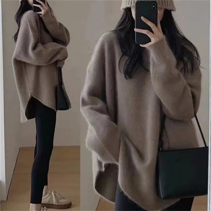 Women Loose Knitted Sweaters Casual ONeck Side Split Baggy Solid Color Pullover Knitwear Tops PYTZX36294 241223