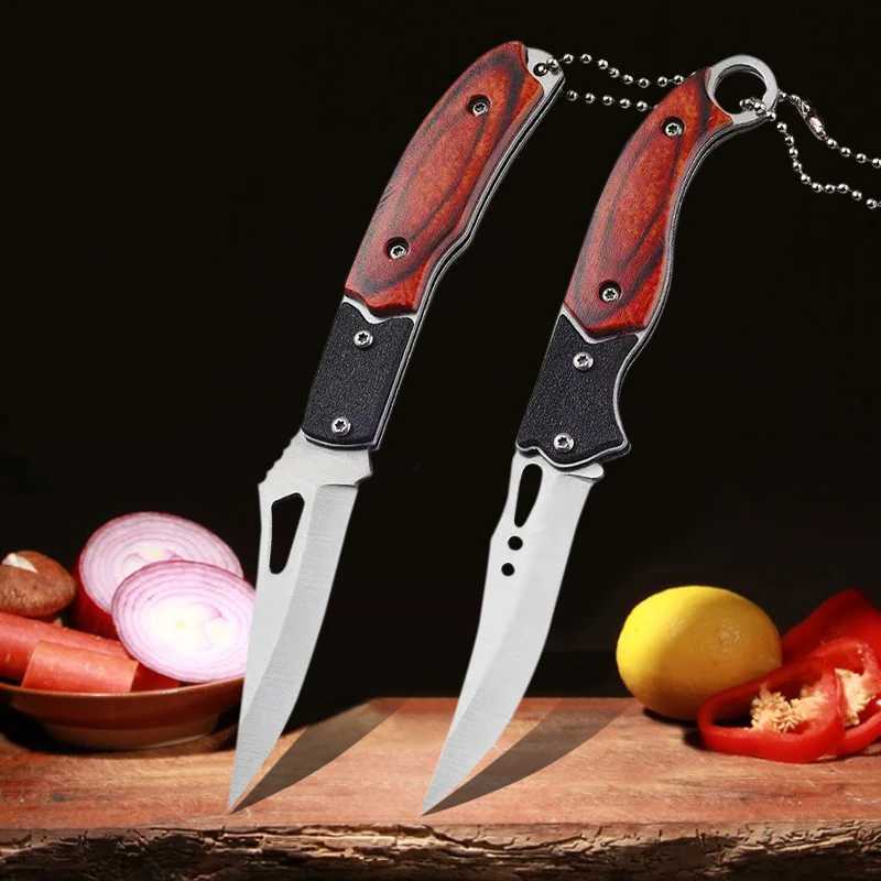 Kitchen stainless steel fruit knife sharp pocket folding knife folding knife with keychain wooden handle flat knife kitchen knives Y241227