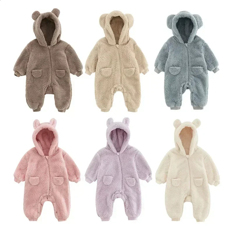 Cute Cartoon Baby Rompers Autumn Warm Fleece Infant Jumpsuits 0-2 Years Baby Boys Girls Homewear Clothing for Winter 241226