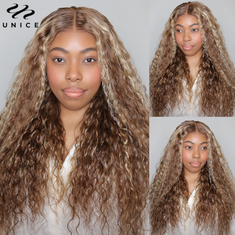 Unice Cut Pre Bleached 7X5 Water Wave Honey Blonde Highlight Human Hair Glueless Wig Ready To Wear 150% Density