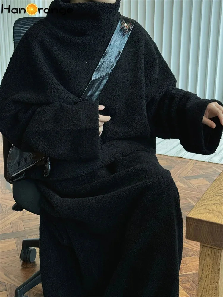 HanOrange 2024 Winter Fashion Turtleneck Lambshair Sweatshirt Women Comfortable Warm Loose Wool Top Off WhiteBlack 241223