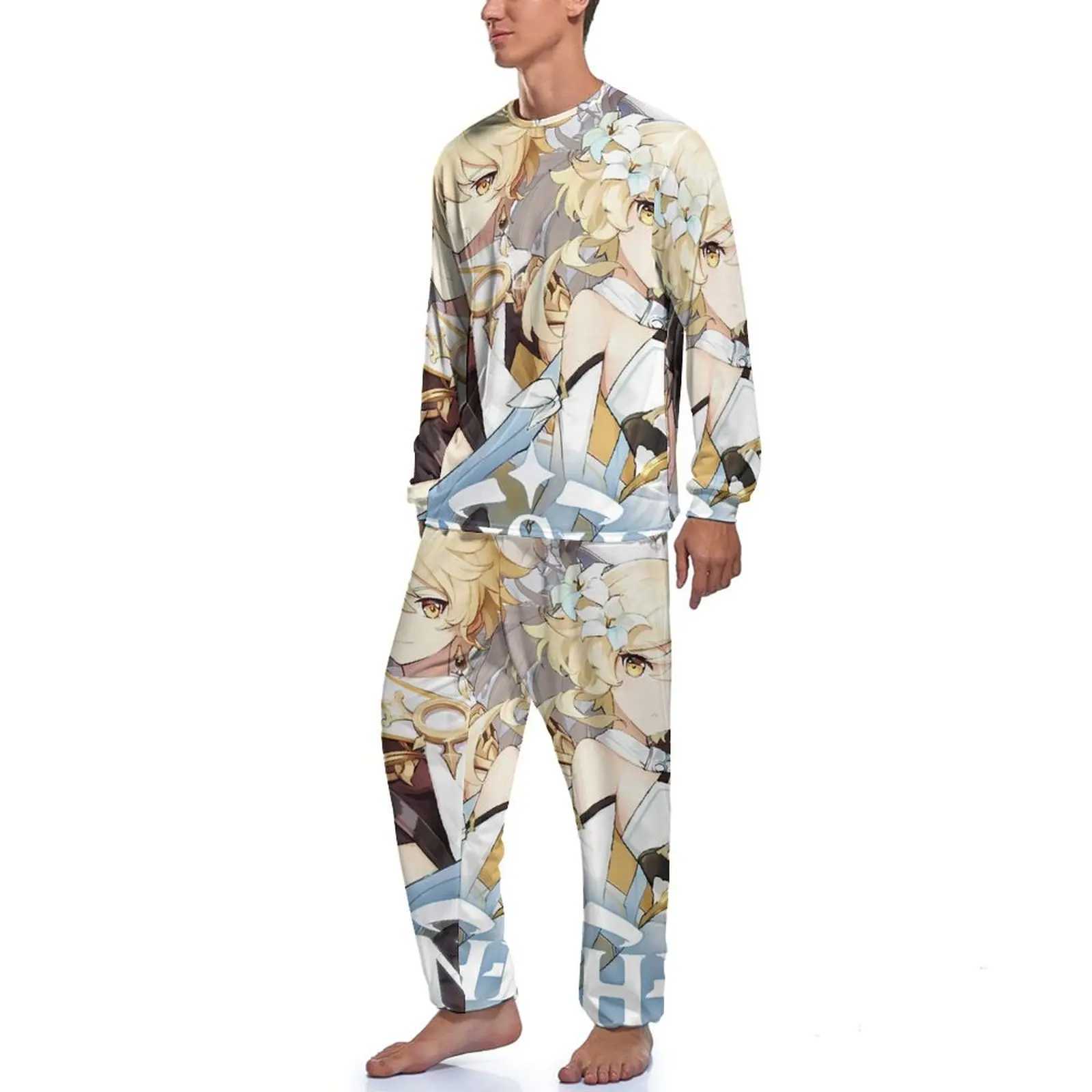 Genshin Impact Pajamas Cute Anime Men Long Sleeve Kawaii Pajamas Set 2 Piece Casual Winter Printed Sleepwear Birthday PresentXJ241227