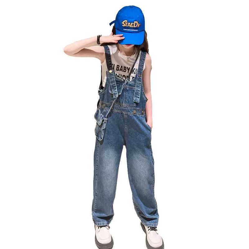 New girls denim covers autumn and winter childrens clothing casual childrens suspension Trouser girls solid childrens jumpsuit youth jeans W241227