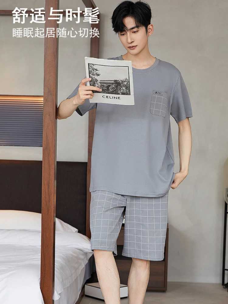 3XL Plus Size Summer Mens Cotton Pajama Set Korean Style Short Sleeve Shorts Loose-fit Casual Homewear Soft Comfort SleepwearXJ241227