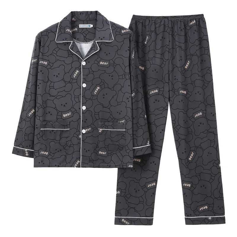 Large Size Warm Sleepwear for Winter Pajamas Mens Long-Sleeved Youth Home Wear 2PCS Set Cartoon Bear Plaid Simple LoungewearXJ241227