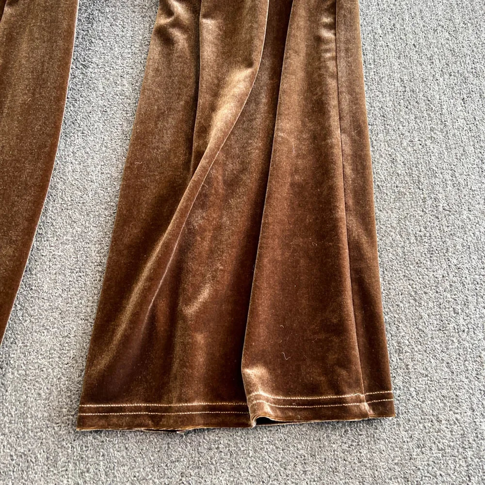 Vintage V-neck Long Sleeve Slim Bandage Top High Street High Waist Wide Leg Pants Jumpsuit Autumn Winter Women Velvet Clothing 241224