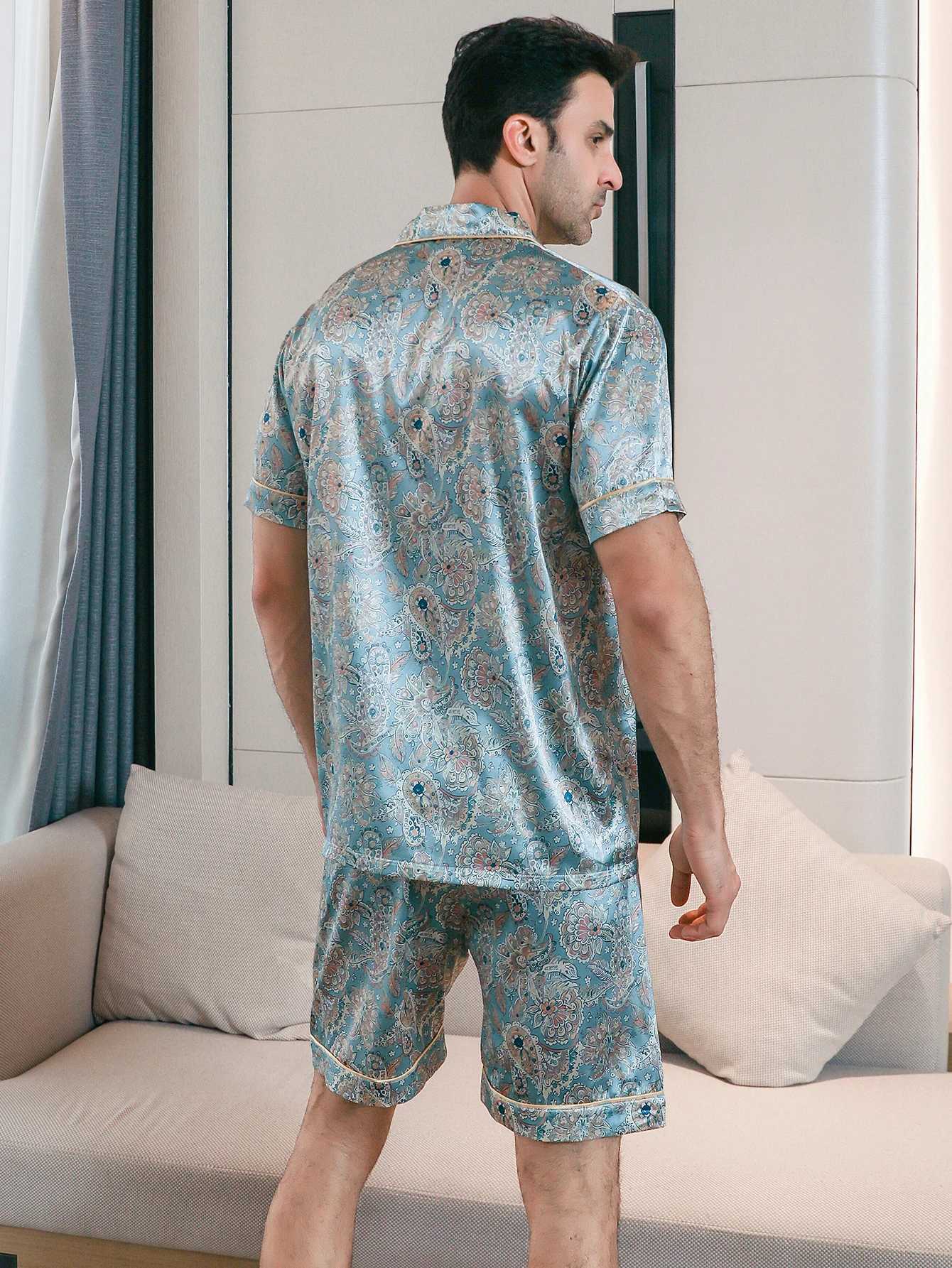 Two piece sets for mens pajamas summer short sleeved shorts flower pattern printed home clothing sleepwear setXJ241227
