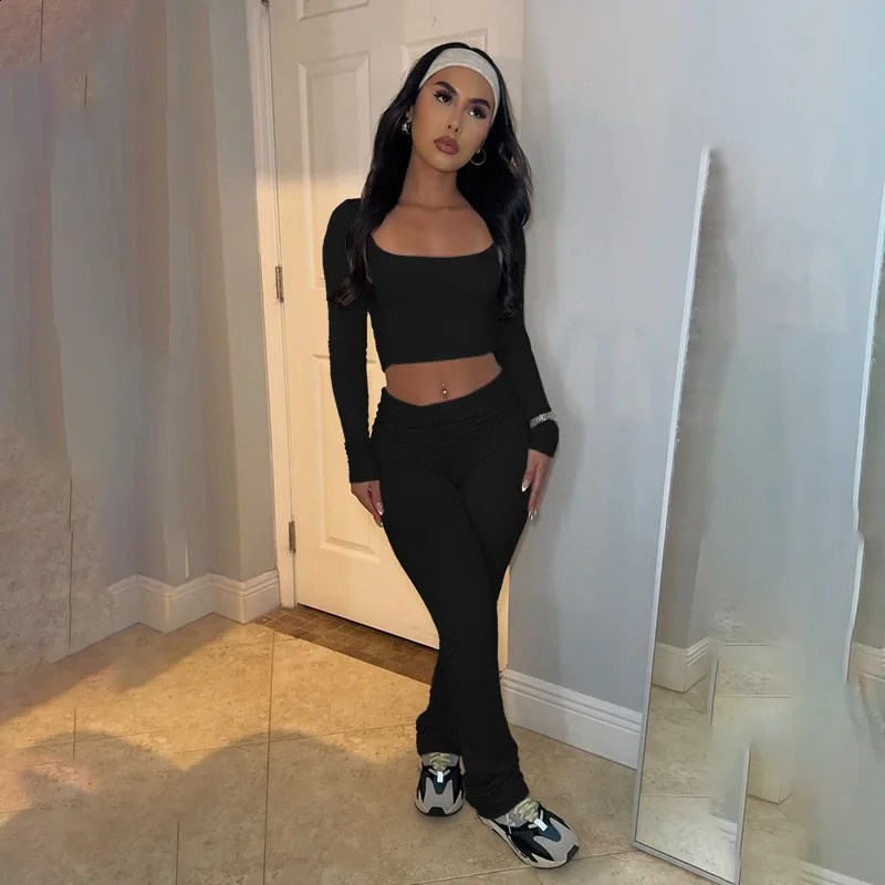 Hirigin Casual Solid Sporty 2 Piece Sets Women Concise Square Collar Long Sleeve Crop Tops and Flare Pants Matching Tracksuits 241224