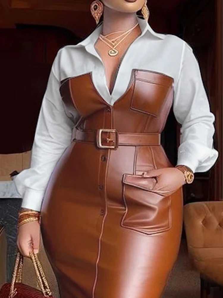Gymstars Womens Shirt Collar Dress New Autumn Button Length Slip PU Leather Patch Work Pocket Tight Strap Collar Womens Midi X2412261