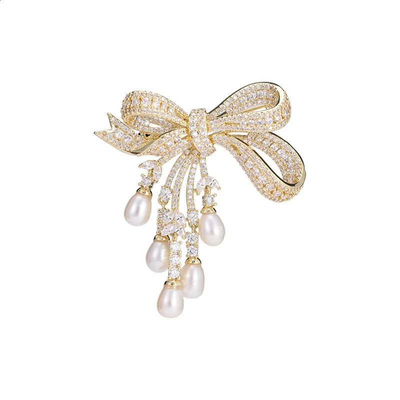 OKILY Freshwater Pearl Bow Brooches Deliicate Zircon Bowknot Corsage for Womens Broche Decorativo De Ropa Accessories 241227