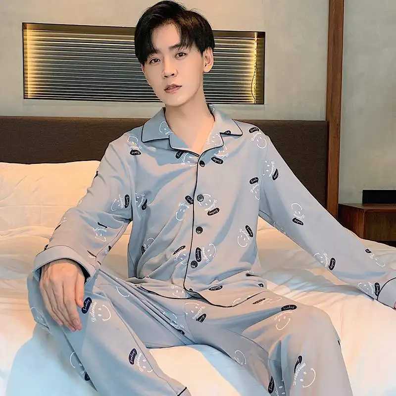 2PCS/Set Pajamas Mens Autumn and Winter Long-Sleeved Cotton Style Big Size Outside Casual Striped Solid Homewear Clothing SuitXJ241227